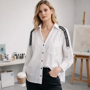 Zara White V-Neck Button Up Shirt S Black Tweed Shoulder Detail Metal Rings